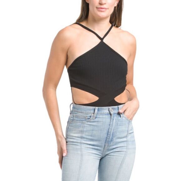 NWT Zara Black Ribbed Cutout Halter Neck Bodysuit, Size Small - Picture 6 of 12